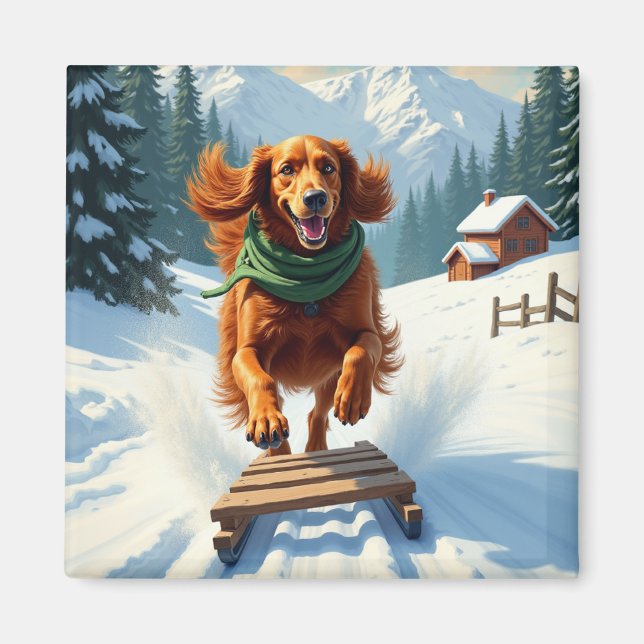 Irish Setter Sledding Adventure Christmas Painting Magnet (Front)