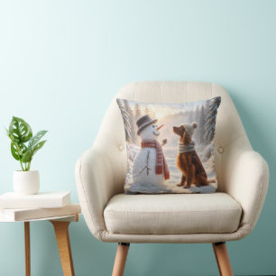 Irish Setter with a Snowman Cushion