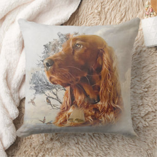 Irish setter with pheasant cushion