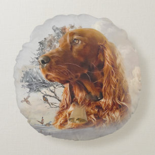 Irish setter with pheasant round cushion