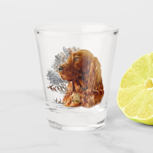 Irish setter with pheasant  shot glass (Front)