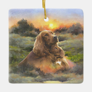 Irish setter with puppy ceramic ornament