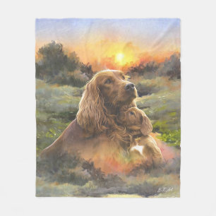 Irish setter with puppy fleece blanket