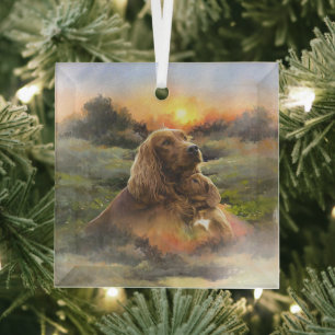 Irish setter with puppy glass tree decoration