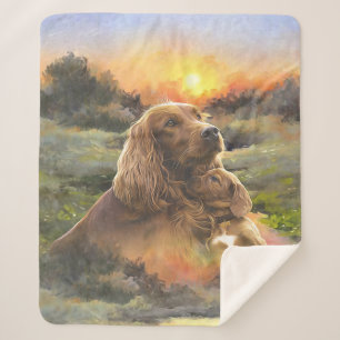 Irish setter with puppy sherpa blanket