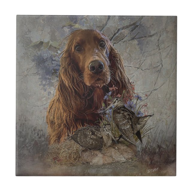 Irish setter with woodcock      ceramic tile (Front)