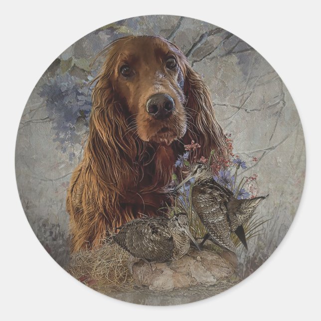Irish setter with woodcock     classic round sticker (Front)