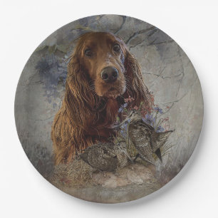 Irish setter with woodcock paper plate