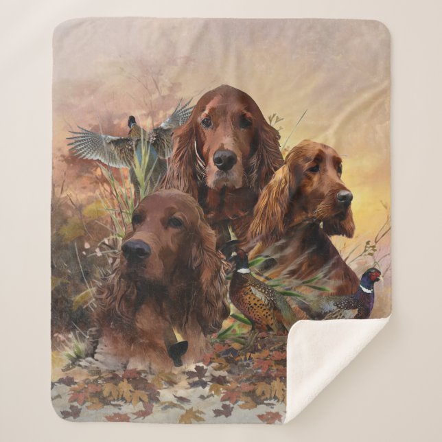  Irish Setters with Pheasants - Passion Hunt Sherpa Blanket (Front)