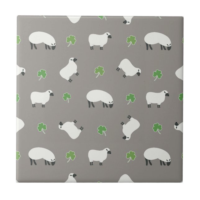 Irish Shamrock and Sheep Pattern Ceramic Tile (Front)