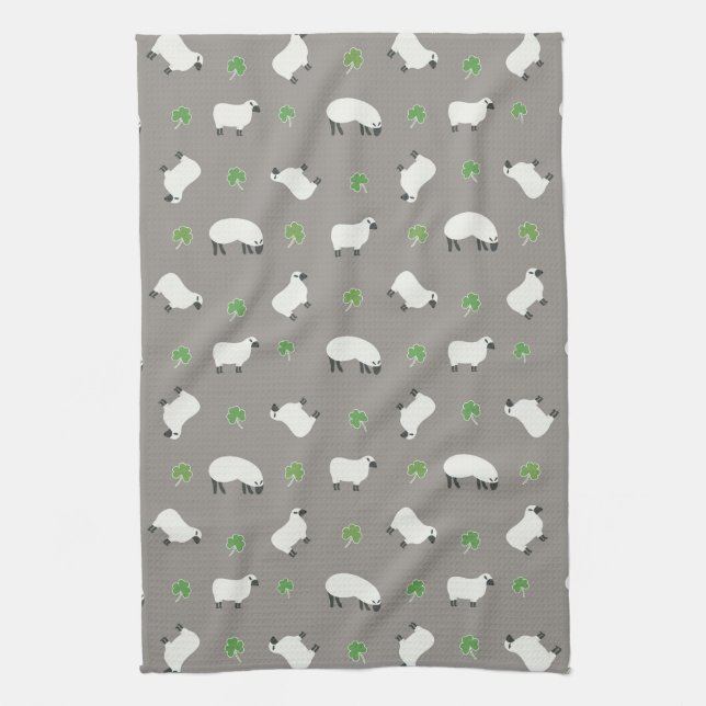 Irish Shamrock and Sheep Pattern Tea Towel (Vertical)