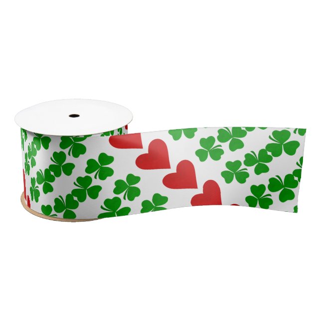 Irish Shamrock border with red heart Satin Ribbon (Spool)