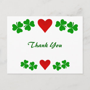 Irish Shamrock border with red heart Thank You Postcard