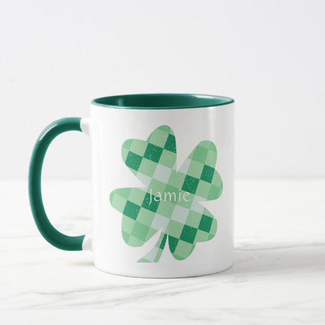 Irish Shamrock Clover Green Checks Name Monogram Mug (Left)