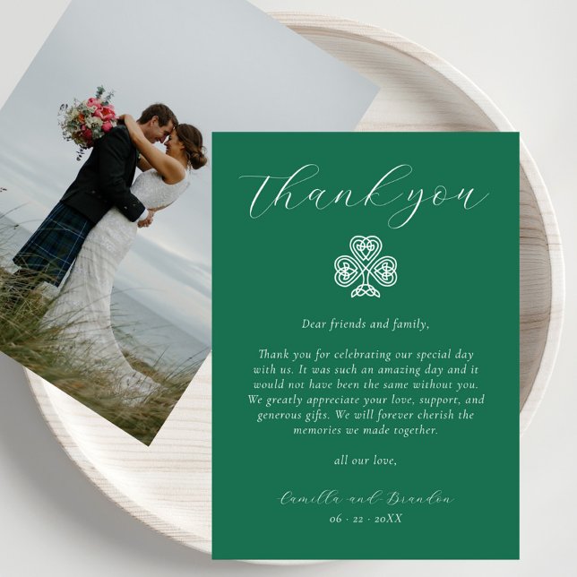 Irish Shamrock Cross Emerald Green Photo Wedding Thank You Card (Creator Uploaded)