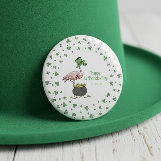 Irish Shamrock Flamingo St. Patrick’s Day Party 7.5 Cm Round Badge (St Patrick's Day Party Pins. Funny  Irish Pink Flamingo & Green Leprechaun Hat, Shamrock Border)