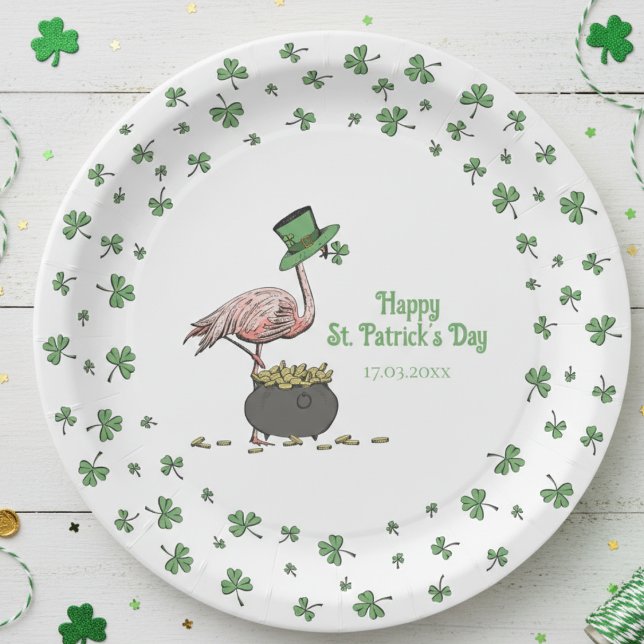 Irish Shamrock Flamingo St. Patrick’s Day Party Paper Plate (Cute Saint Patrick's Day Party Paper Plates. Lucky Green Clover Border with Funny Irish Flamingo)