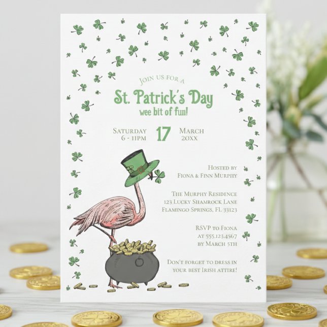 Irish Shamrock Flamingo St Patrick's Day Party Invitation (Funny Irish Flamingo St Patrick's Day Party Invitations. Green Shamrocks, Clovers, Leprechaun Hat)