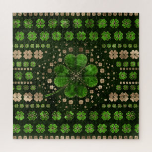 Irish Shamrock Four-leaf clover Malachite and gold Jigsaw Puzzle