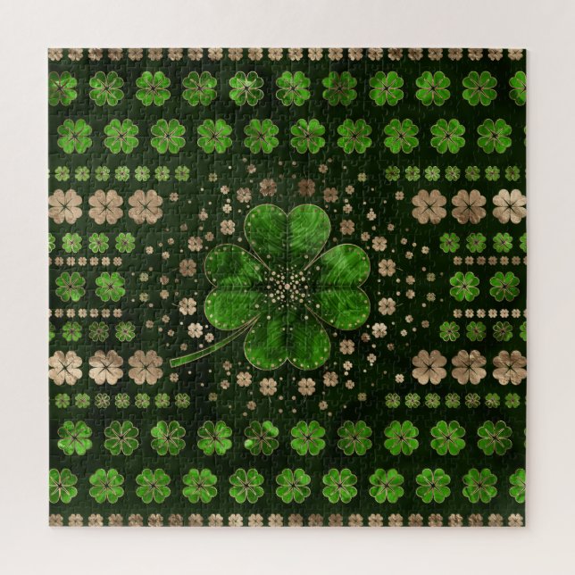 Irish Shamrock Four-leaf clover Malachite and gold Jigsaw Puzzle (Vertical)
