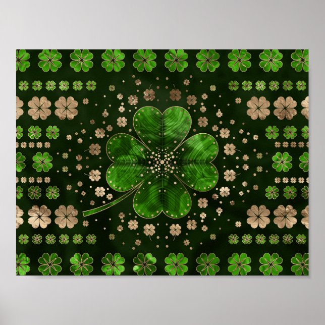 Irish Shamrock Four-leaf clover Malachite and gold Poster (Front)