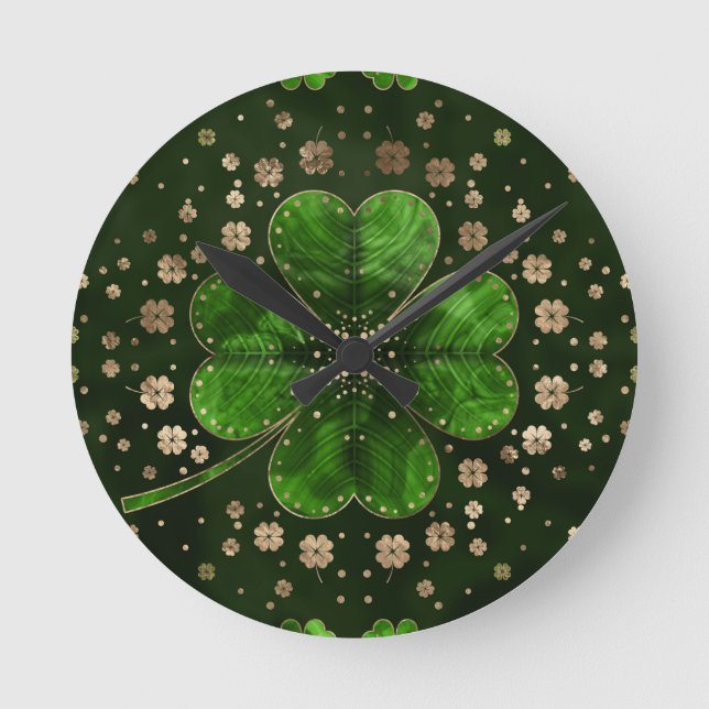 Irish Shamrock Four-leaf clover Malachite and gold Round Clock (Front)