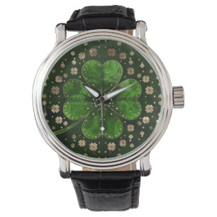 Irish Shamrock Four-leaf clover Malachite and gold Watch