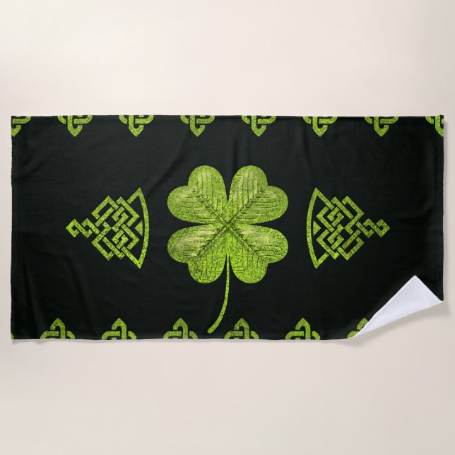 Irish Shamrock Four-leaf clover with celtic decor Beach Towel (Front)