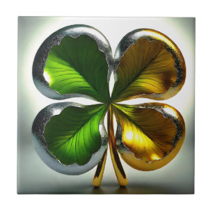 Irish Shamrock Four Leaf Golden Green Clover Ceramic Tile