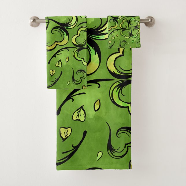 Irish Shamrock Four-leaf Lucky Clover Pattern Bath Towel Set (Insitu)