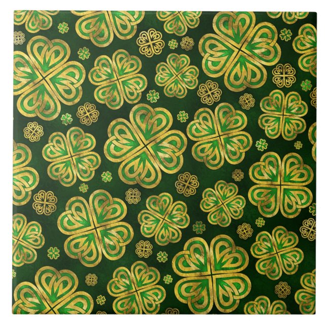 Irish Shamrock Four-leaf Lucky Clover Pattern Ceramic Tile (Front)