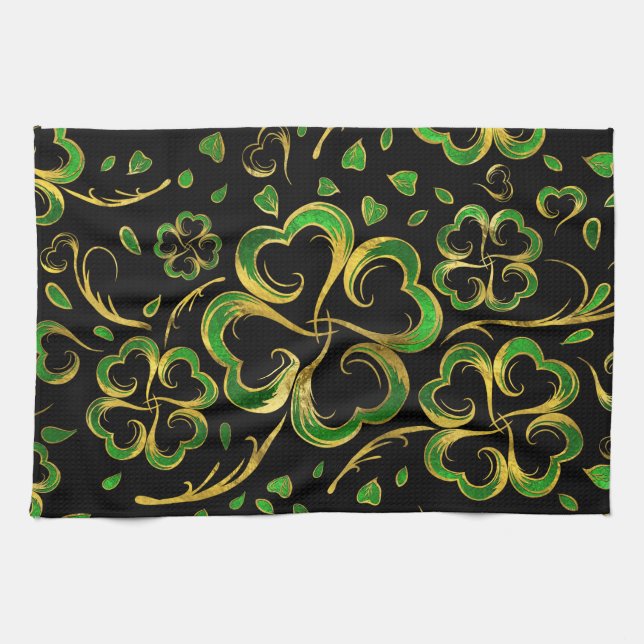 Irish Shamrock Four-leaf Lucky Clover Pattern Tea Towel (Horizontal)