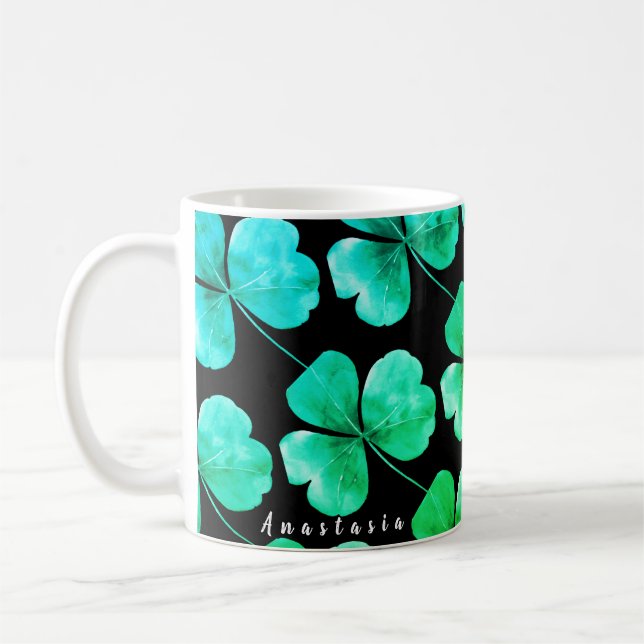 Irish Shamrock Green Blue Watercolor Custom Name  Coffee Mug (Left)