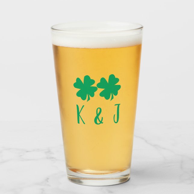 Irish Shamrock Green Clover Monogram Couple Name Glass (Front Filled)