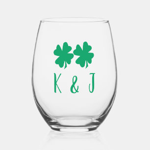 Irish Shamrock Green Clover Monogram Couple Name Stemless Wine Glass