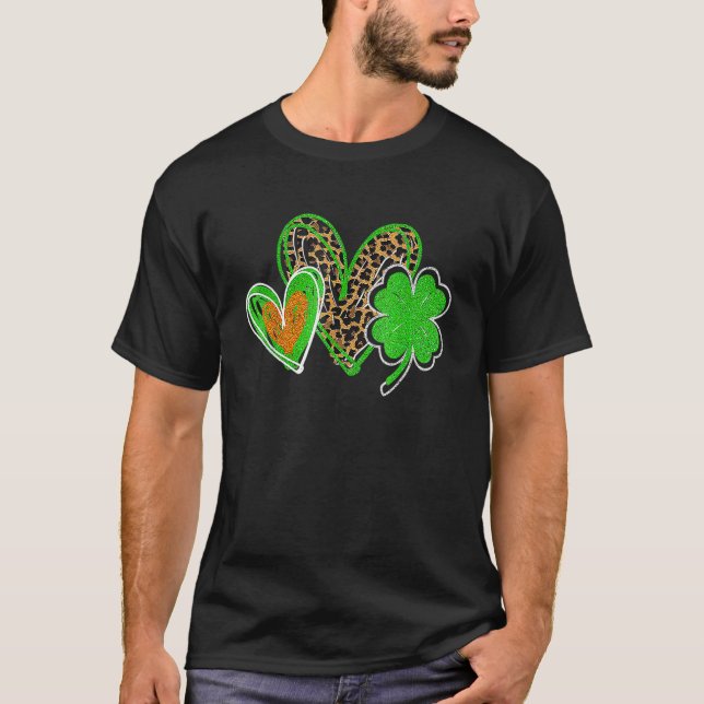 Irish Shamrock Hearts Leopard Lucky Happy St Patri T-Shirt (Front)