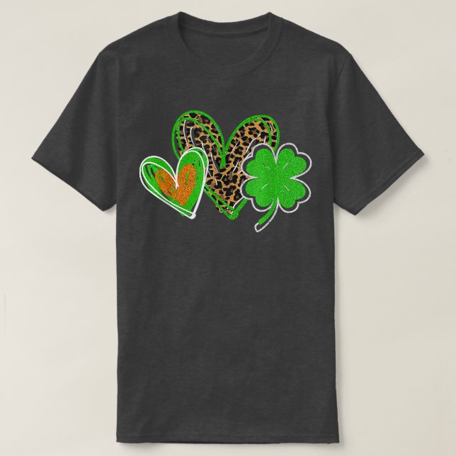 Irish Shamrock Hearts Leopard Lucky Happy St  T-Shirt (Design Front)