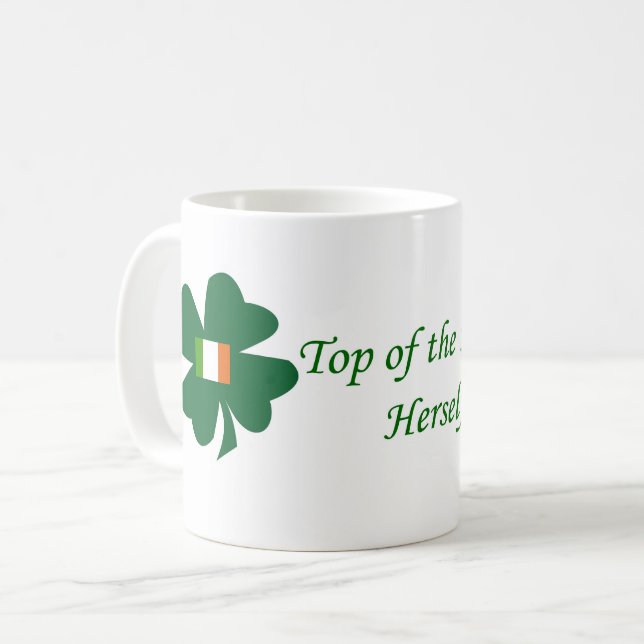 Irish shamrock herself coffee mug with Irish flag. (Front Left)