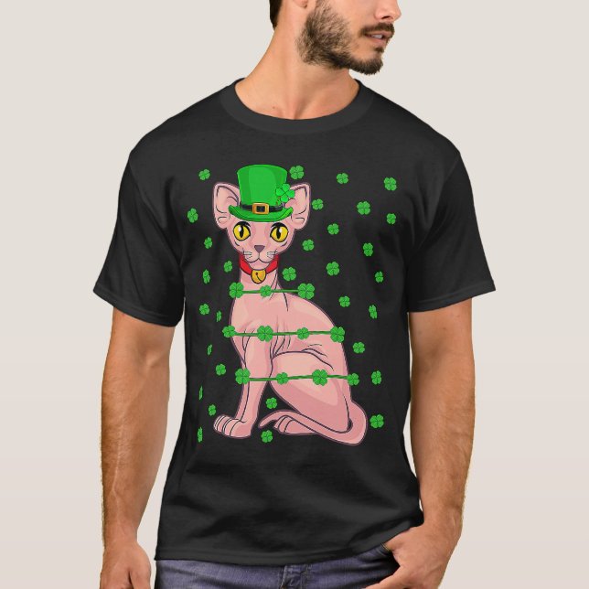 Irish Shamrock Leprechaun Sphynx Cat St Patrick's  T-Shirt (Front)