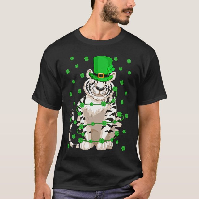 Irish Shamrock Leprechaun White Tiger St Patrick's T-Shirt (Front)