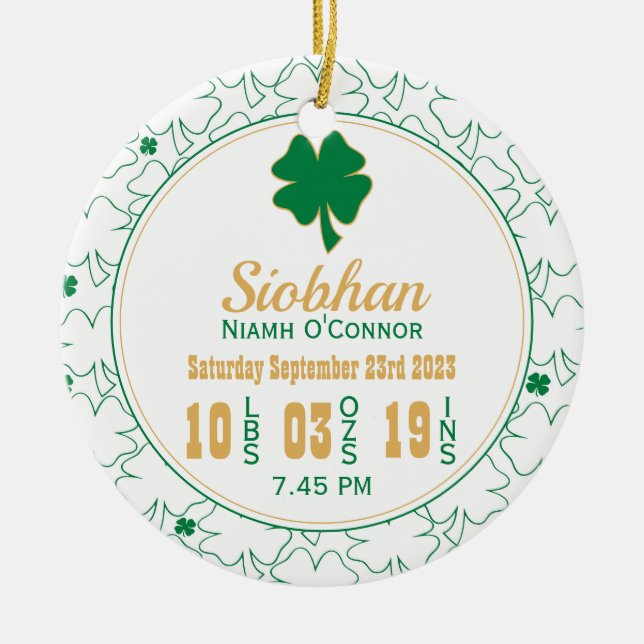 Irish Shamrock New Baby Birth Stats Ceramic Ornament (Front)