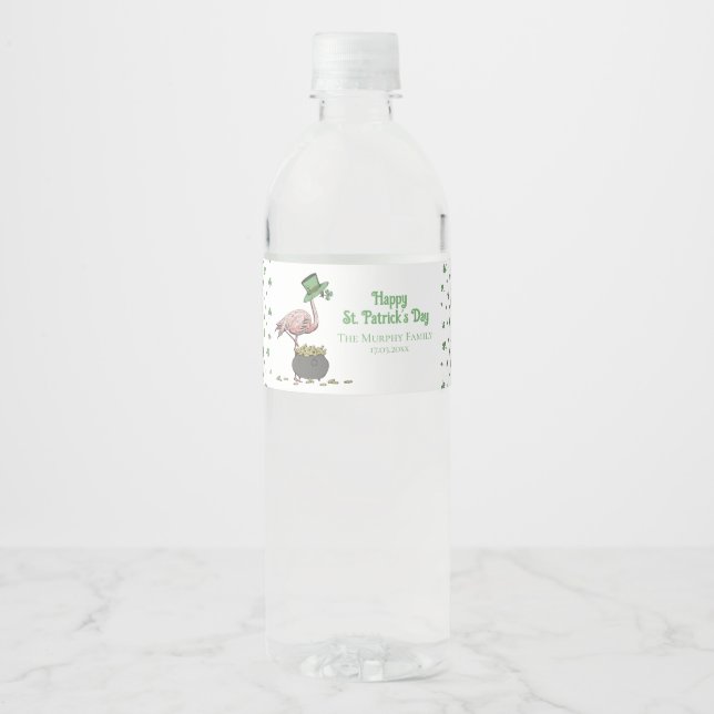 Irish Shamrock Pink Flamingo St Patricks Day Water Bottle Label (Front)