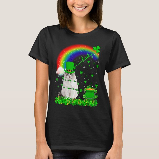Irish Shamrock Rainbow Lucky Ragdoll Cat St Patric T-Shirt (Front)