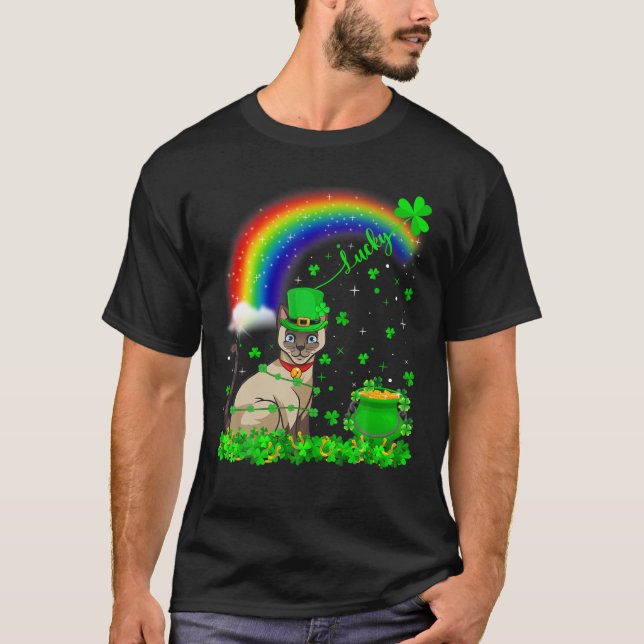 Irish Shamrock Rainbow Lucky Siamese Cat St Patric T-Shirt (Front)