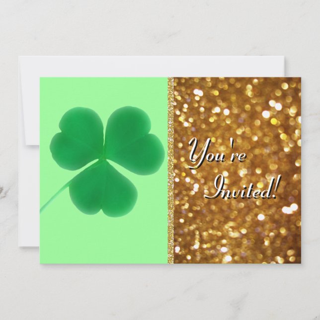 Irish Shamrock St. Patrick's Day Gold Glitter Invitation (Front)