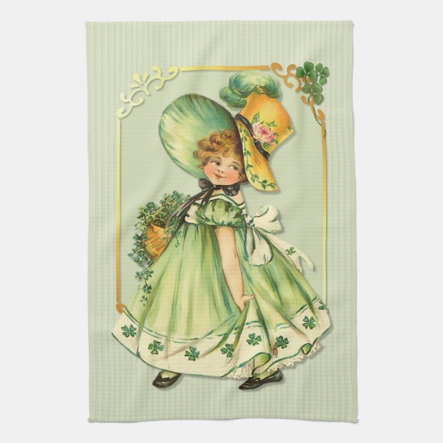 Irish Shamrock Stroll Girl Tea Towel (Vertical)