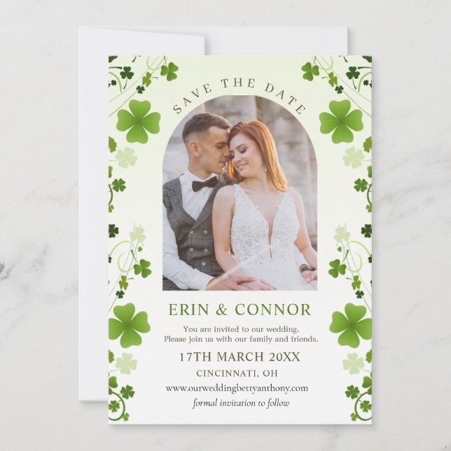 Irish Shamrock Swirls Wedding Save the Date Invitation (Front)