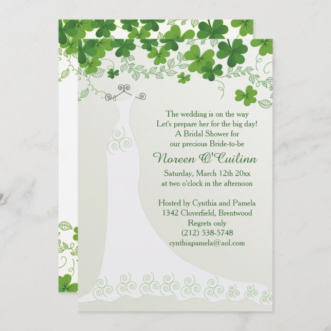 Irish shamrock, wedding gown Bridal Shower Invitat Invitation (Front/Back)
