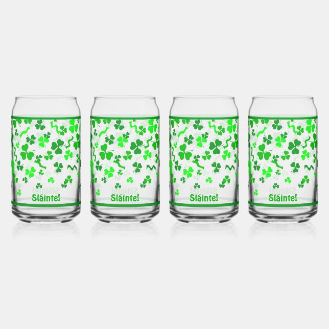 Irish Sláinte Lucky Shamrocks Design Personalised Can Glass (Front)