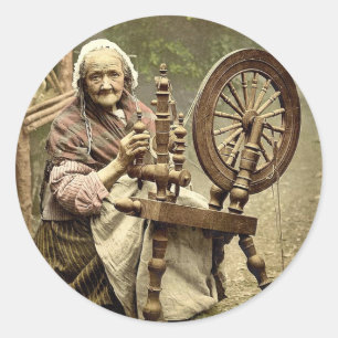 Irish Spinner and Spinning Wheel. Co. Galway, Irel Classic Round Sticker